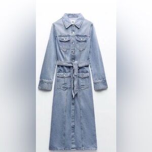 Zara Light Blue Belted Denim Midi Dress Size M brand new